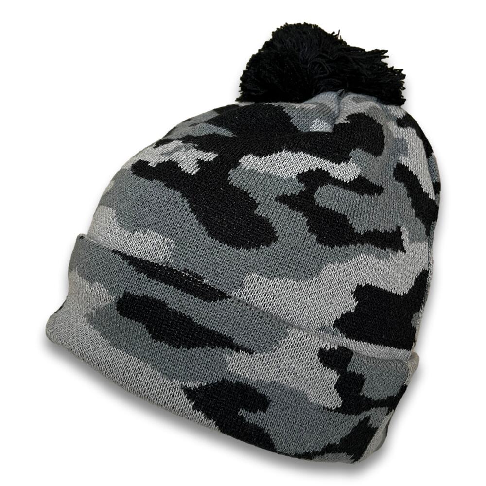 Thick Double Layered Beanie Camo Pattern Long Cuffed Ski Snowboard Hat with Pom